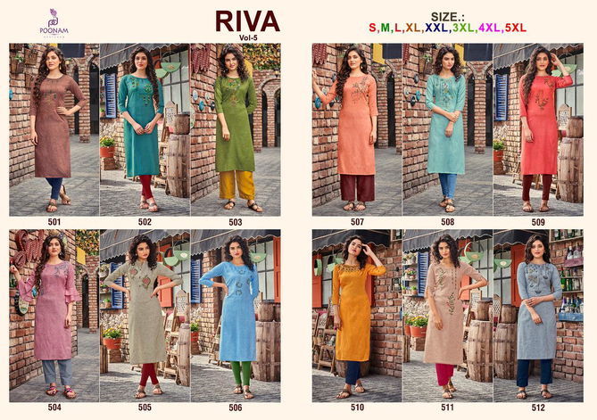 Poonam Riva 5 Premium Fancy Casual Wear Cotton Embroidery Work Designer Kurtis Collection
